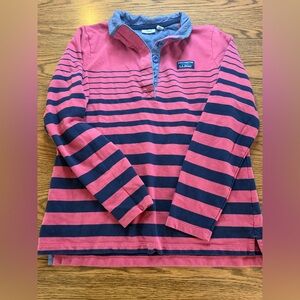 L.L. Bean Women’s Red and Navy Striped Henley Style Shirt, Size Medium, Gorpcore